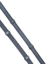 Side-by-side front and back views of the black KL Select Soft Grip Reins with Stops on a white background