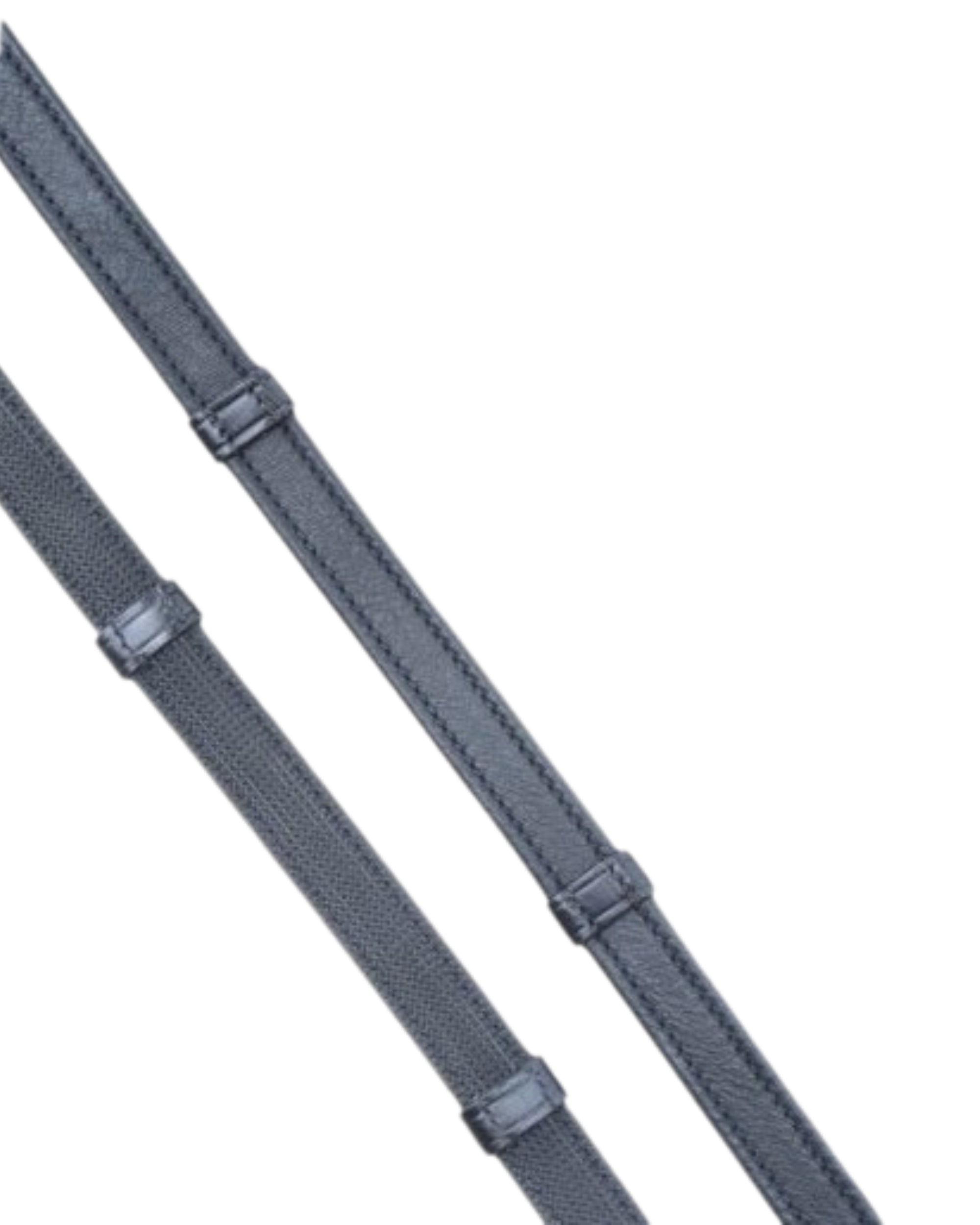 Side-by-side front and back views of the black KL Select Soft Grip Reins with Stops on a white background