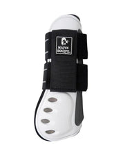 Side view of the white Majyk Equipe Vented Infinity Open Front Tendon Jump Boot on a white background