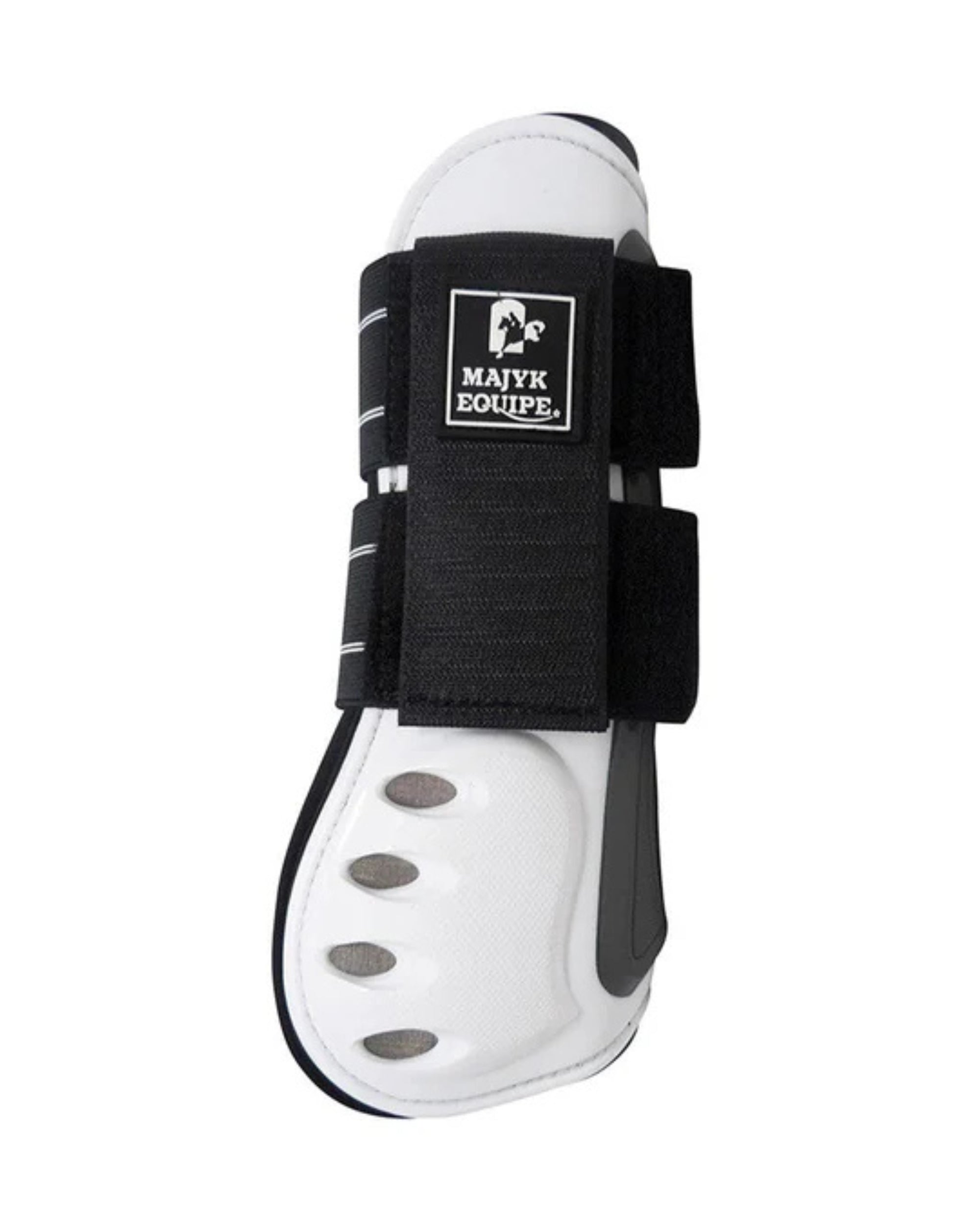 Side view of the white Majyk Equipe Vented Infinity Open Front Tendon Jump Boot on a white background