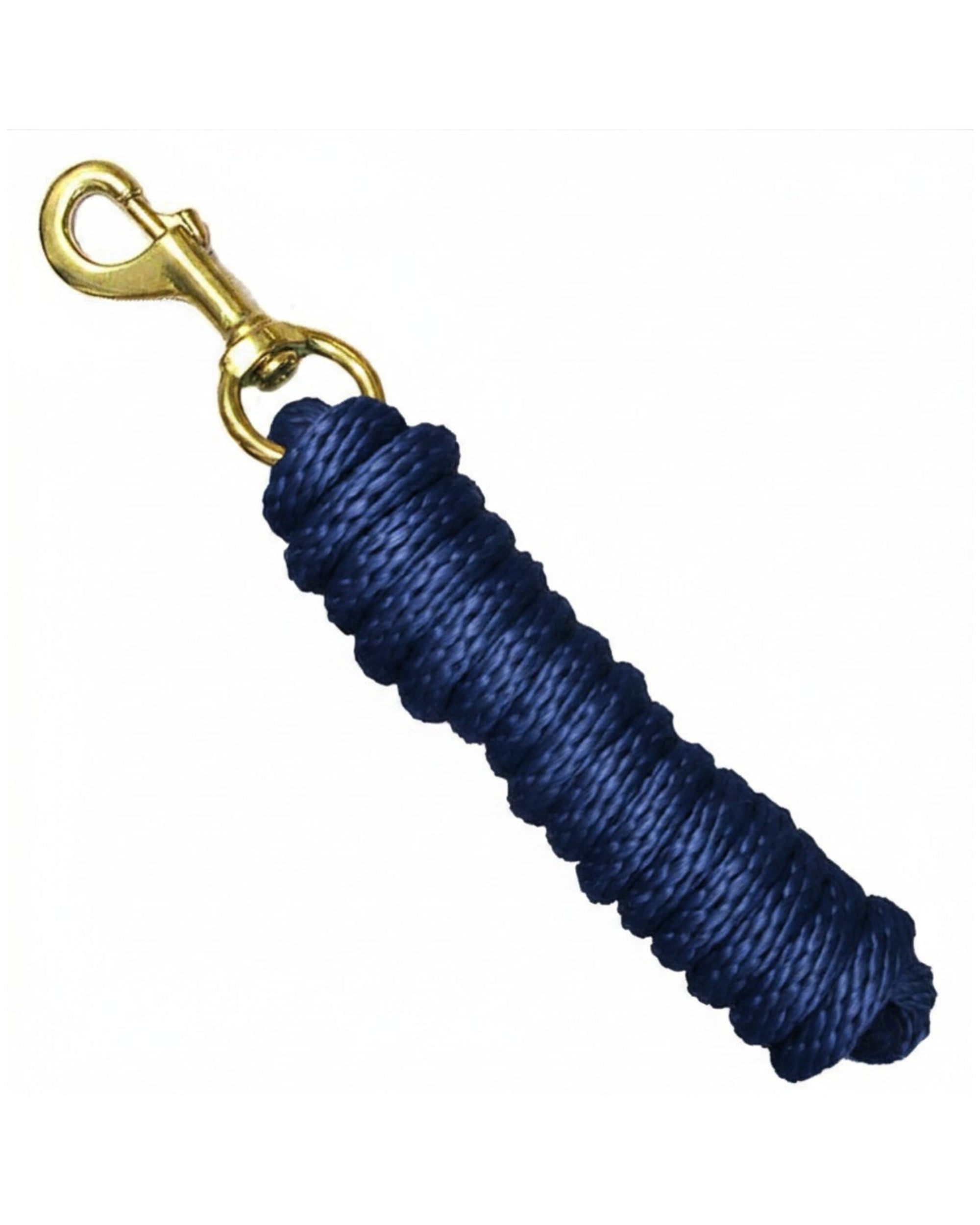 Full view of the navy Intrepid Braided Poly Lead Rope with Solid Brass Snap 8' on a white background