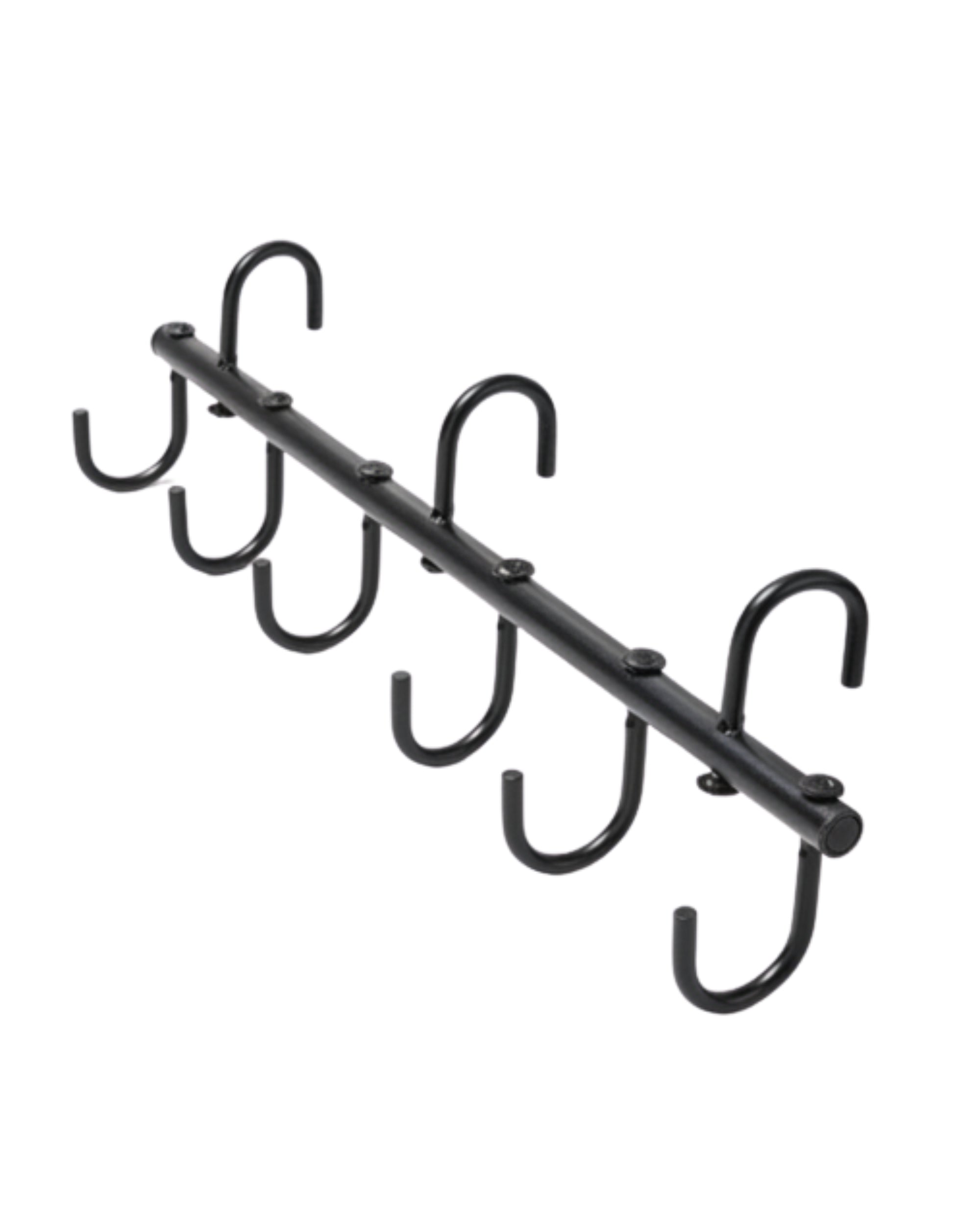 Full view of the 6-hook Equi-Essentials Portable Tack Rack Bar on a white background