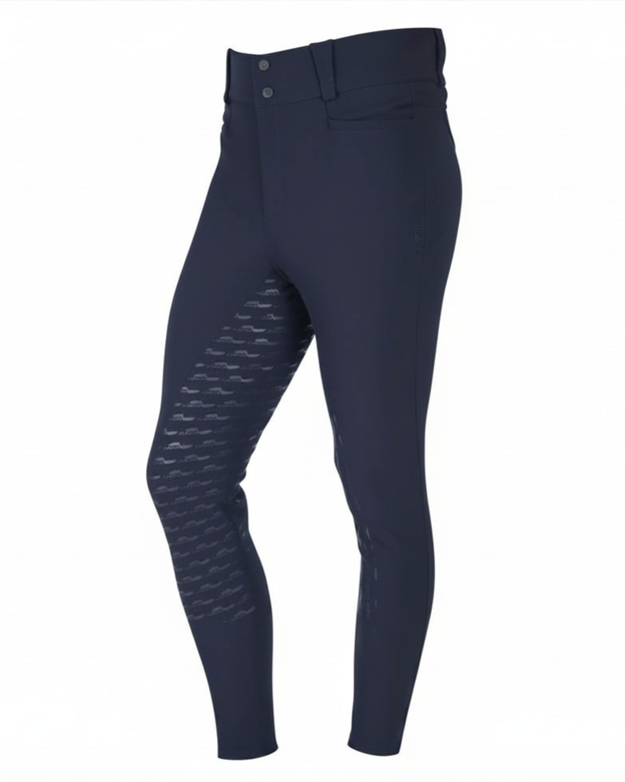 Angled front view of the navy Aubrion Men's Optima MX-FG Breeches on a white background