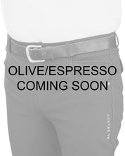 "Coming Soon" infographic showing a close-up front view of a male model wearing the olive/espresso KL Select Men's Evan Full Seat Breeches on a white background