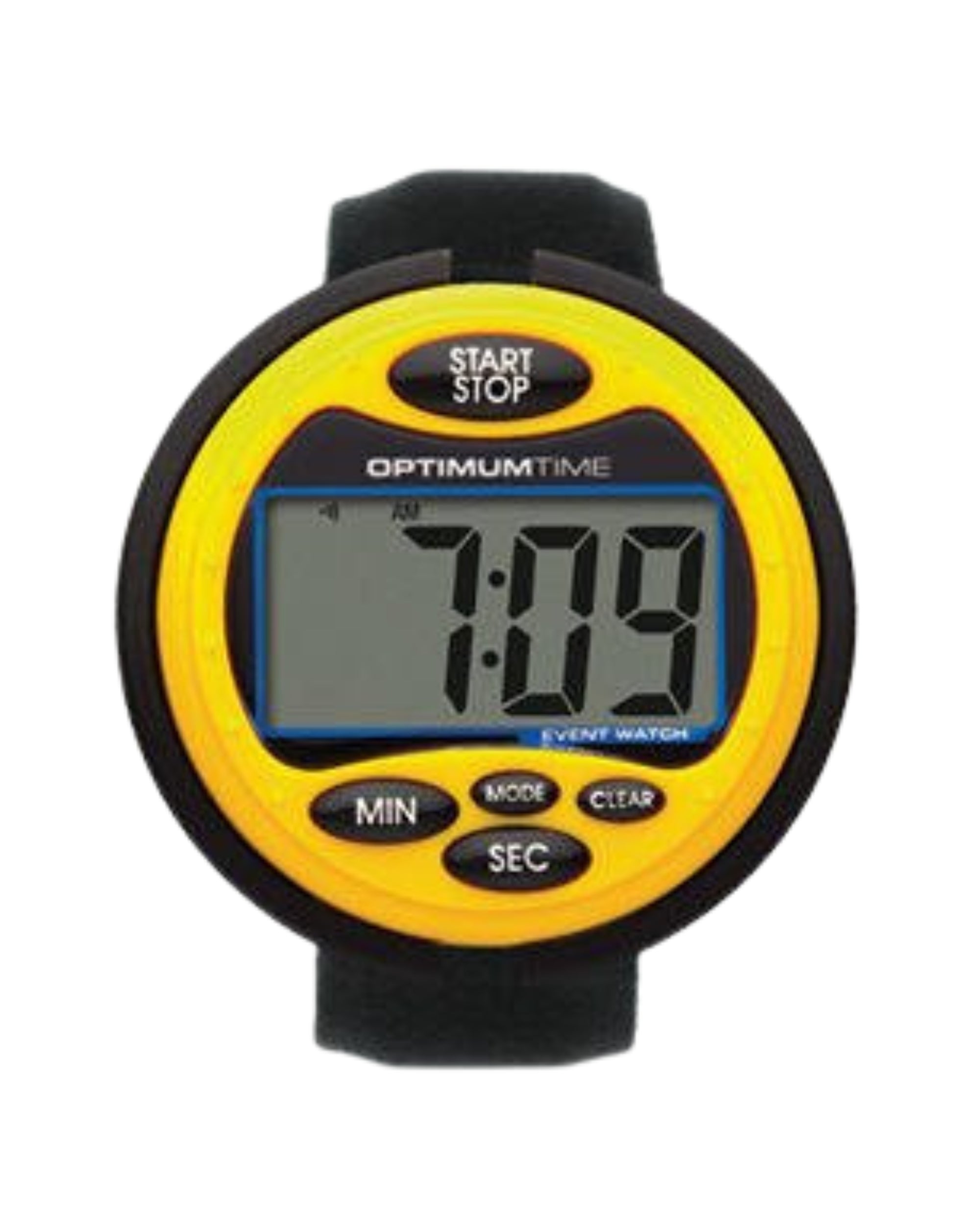 Front view of the yellow Nunn Finer Optimum Cross Country Time Watch on a plain background