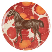 View of the red ThomasPaul Equestrian Melamine Dinner Plate on a white background