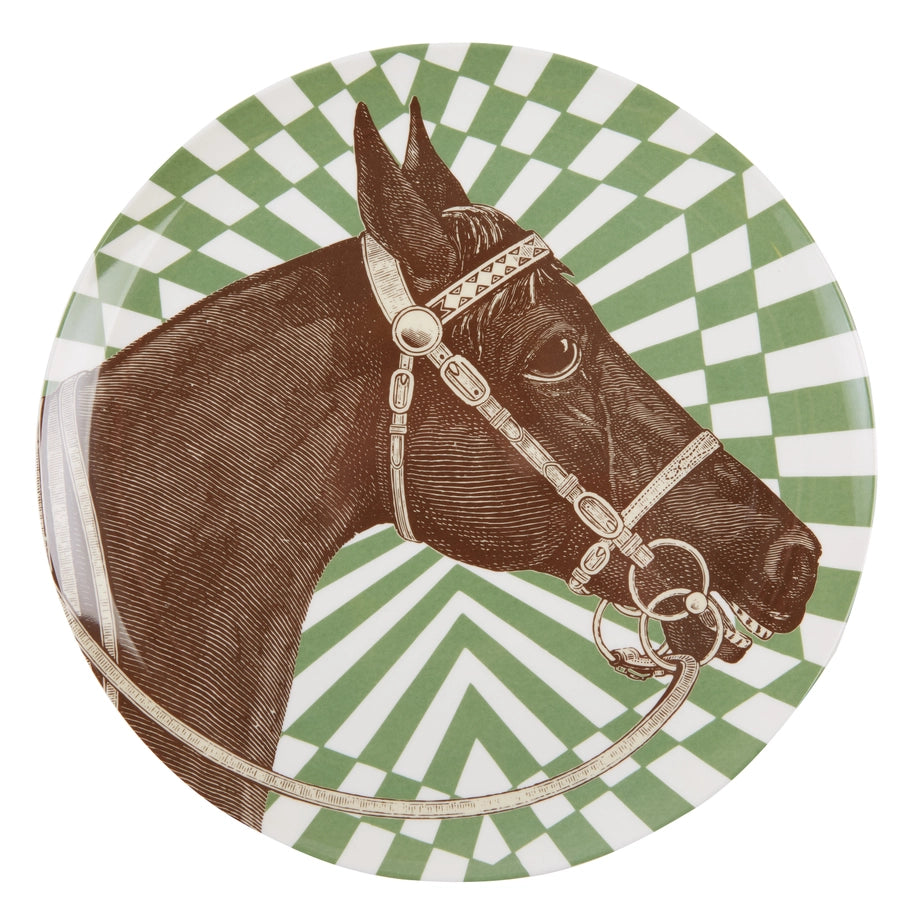 Top view of the green ThomasPaul Equestrian Melamine Side Plate on a white background