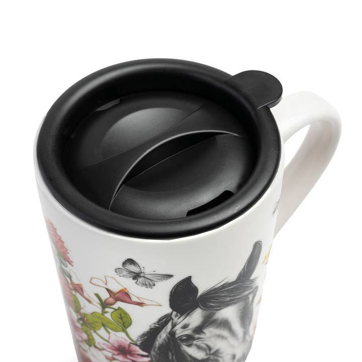 Top front view of the Blue Stallion Farm Rocky Travel Mug on a white background