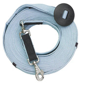 Full view of a rolled up Ice Blue Centaur Poly-Cotton Web 35' Lunge Line with Donut on a white background