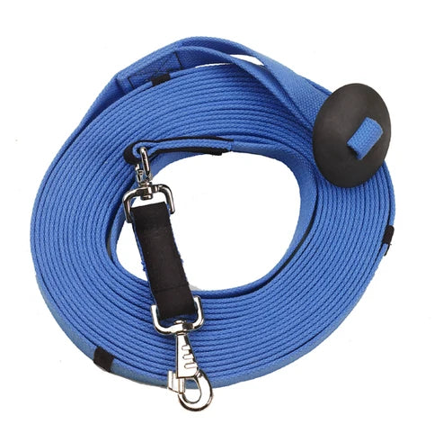 Full view of a rolled up Sapphire Centaur Poly-Cotton Web 35' Lunge Line with Donut on a white background