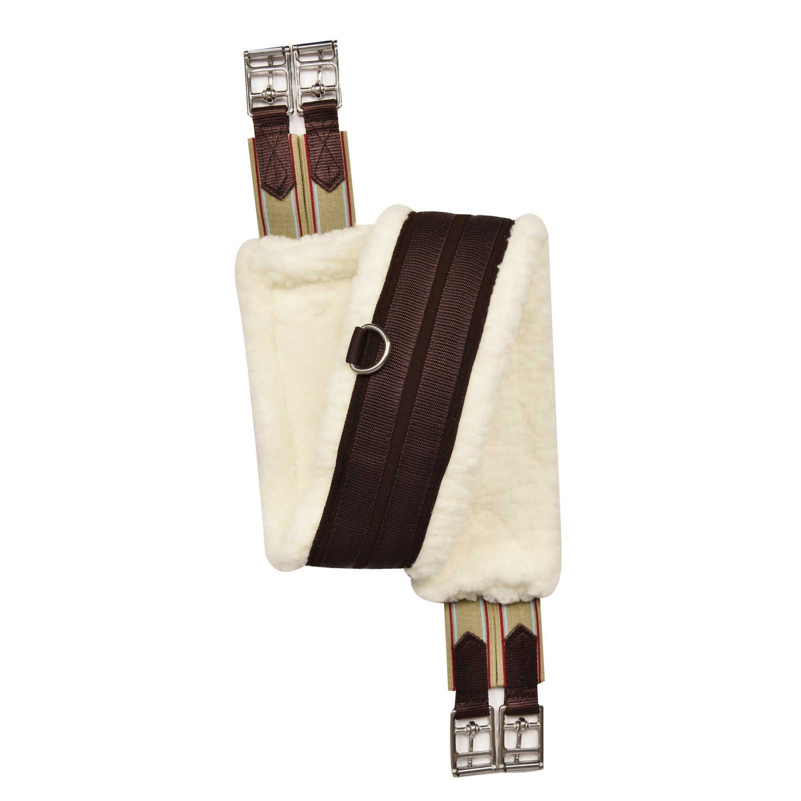 Full view of the Ovation Fleece Equalizer All-Purpose Girth in brown with stainless steel buckles