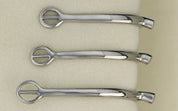 Side view of 3 different sized Centaur Stainless Steel Tom Thumb Spurs on a plain background