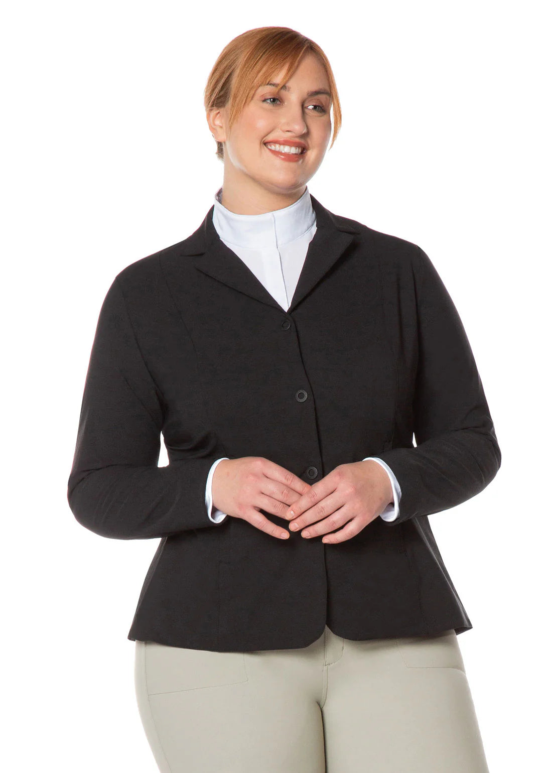 Front view of a female model wearing the black Kerrits Stretch Competitor Koat 3 Snap on a white background