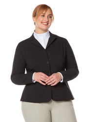 Front view of a female model wearing the black Kerrits Stretch Competitor Koat 3 Snap on a white background