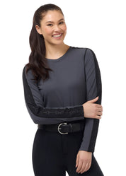 Front view of a female model wearing the Carbon Kerrits Bit of Base Layer Top on a plain background