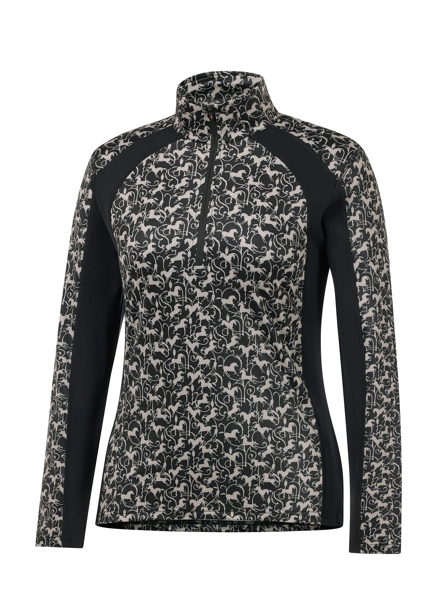 Front view of the Black Wrought Iron Horse Kerrits Traverse Quarter Zip Fleece Tech Top on a white background