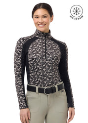 Front view of a female model wearing the Black Wrought Iron Horse Kerrits Traverse Quarter Zip Fleece Tech Top on a plain background