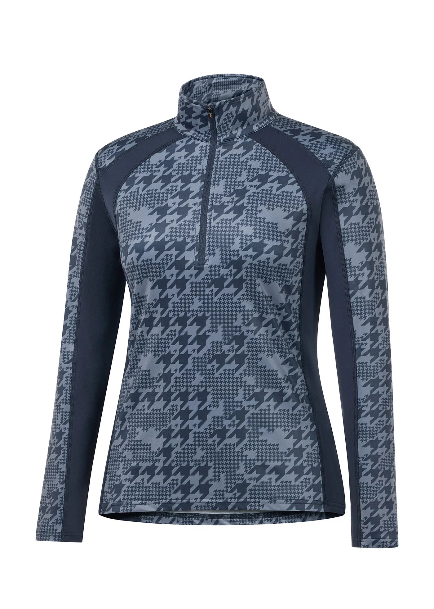 Front view of the Dusty Blue Houndstooh Black Wrought Iron Horse Kerrits Traverse Quarter Zip Fleece Tech Top on a white background