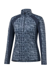 Front view of the Dusty Blue Houndstooh Black Wrought Iron Horse Kerrits Traverse Quarter Zip Fleece Tech Top on a white background