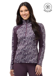 Front view of a female model wearing the Elderberry Fantasy Fillies Kerrits Traverse Quarter Zip Fleece Tech Top on a plain background