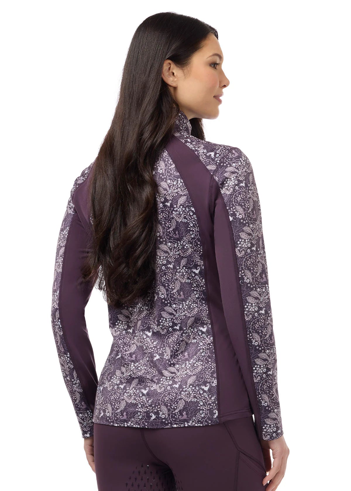 Back view of a female model wearing the Elderberry Fantasy Fillies Kerrits Traverse Quarter Zip Fleece Tech Top on a plain background