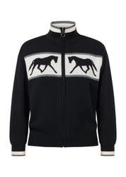 Front view of Black Kerrits Reflections Full Zip Sweater on white background