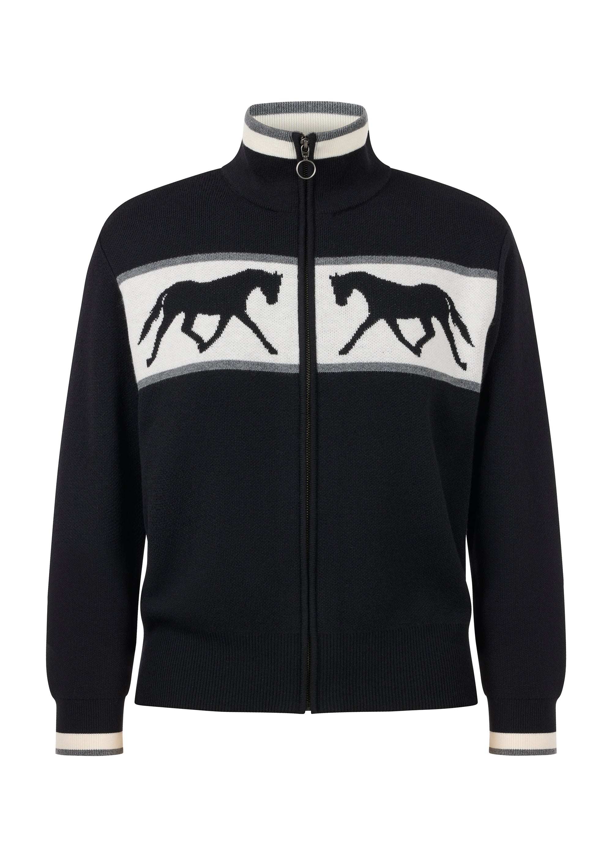 Front view of Black Kerrits Reflections Full Zip Sweater on white background