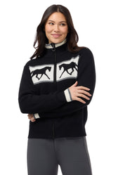 Front view of a model wearing Black Kerrits Reflections Full Zip Sweater on a white background