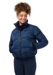 Front view of a model wearing Nightfall Kerrits Skyline Houndstooth Puffer Jacket