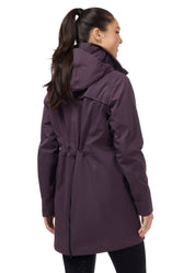 Angled back view of a model wearing Elderberry Kerrits Weatherlock Three-Quarter Length Jacket on white background