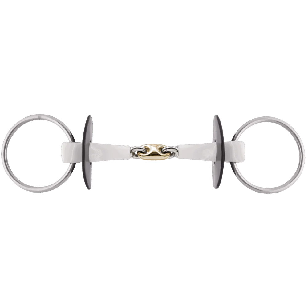 Full view of the Herm Sprenger NATHE Double-Jointed Loose Ring Bit with Sensogan Middle Link on a white background