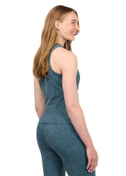 Woman wearing Kerrits Printed Sport Tank in Jasper blue, back view on white background