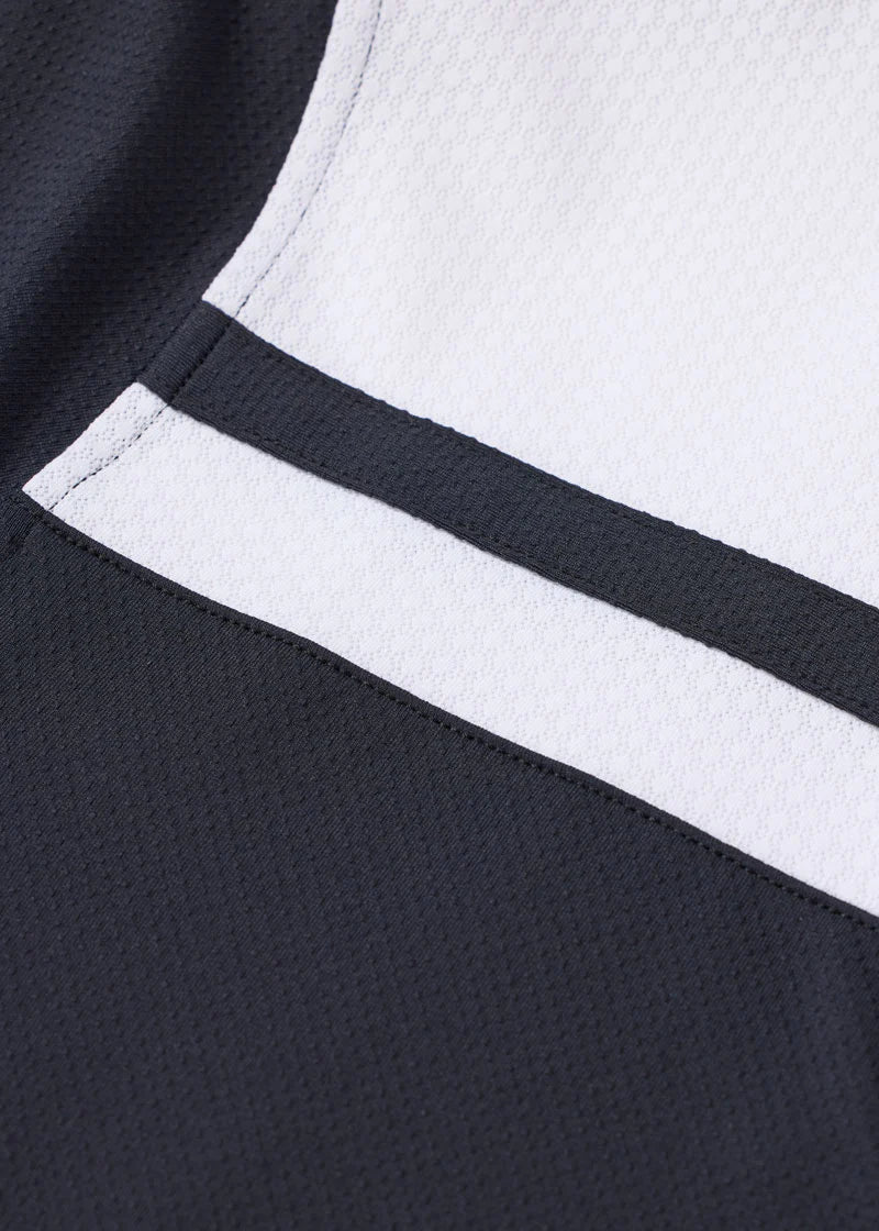 Close-up of black fabric with white stripe detail
