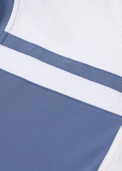 Close-up of light blue fabric with white stripe detail
