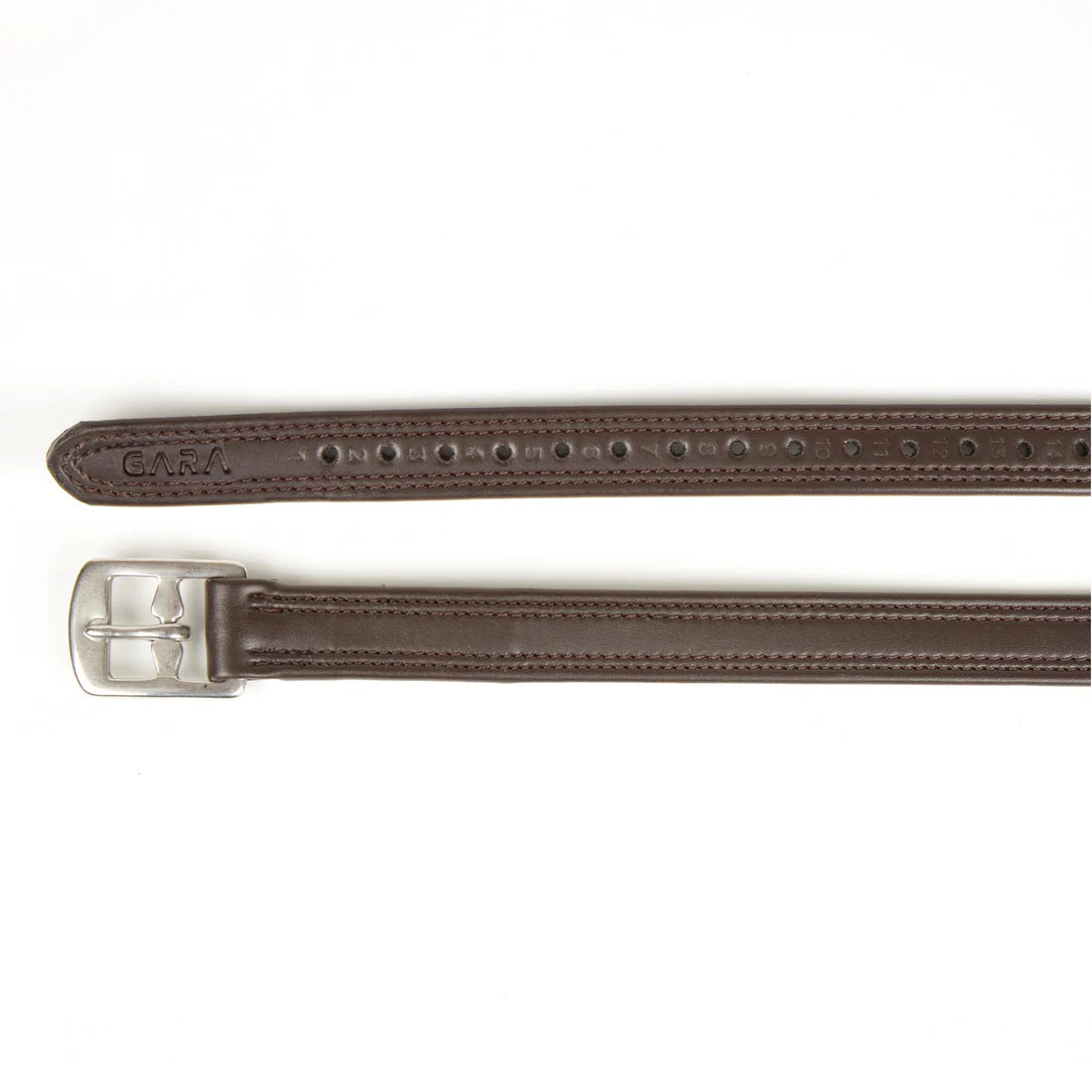 BucShires Velociti Gara Easy Care Stirrup Leathers in brown on a white background