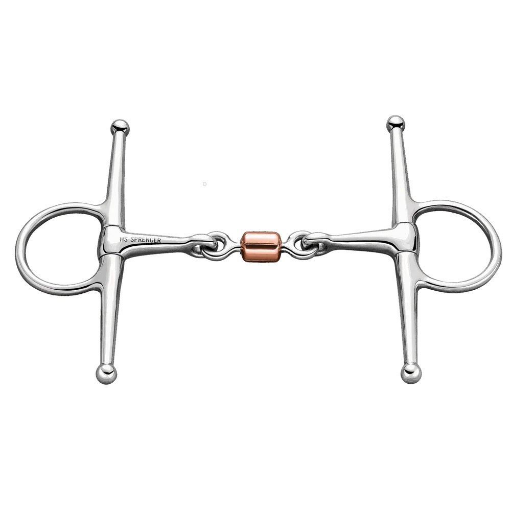Full view of the Herm Sprenger Double Jointed Full Cheek Snaffle Bit with Copper Roll Link on a white background