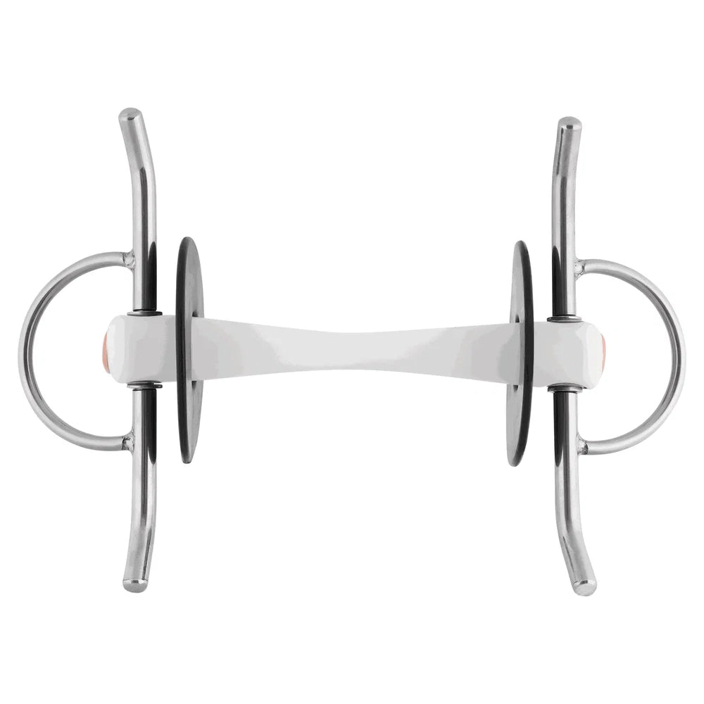 A polished silver-colored metal horse bit with a straight bar, double rings, and a central tongue, shown against a plain white background.