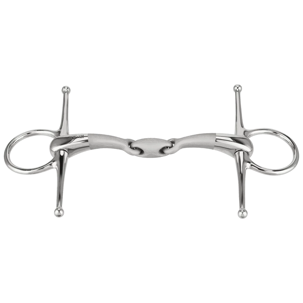 Full view of the Herm Sprenger Satinox Double-Jointed Full Cheek Snaffle on a white background