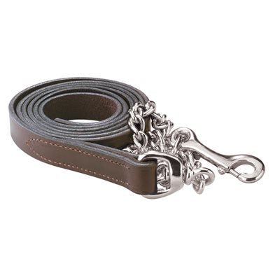 View of the havana and stainless steel Perri's 1" Leather Lead With Chain on a white background