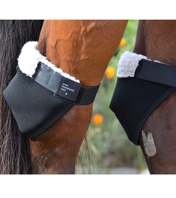 Click hock shields on horse hind legs, black with white fleece lining and Velcro straps