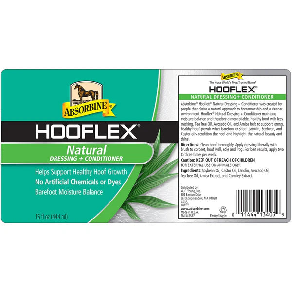 View of the product label for the Absorbine Hooflex All Natural Dressing and Conditioner