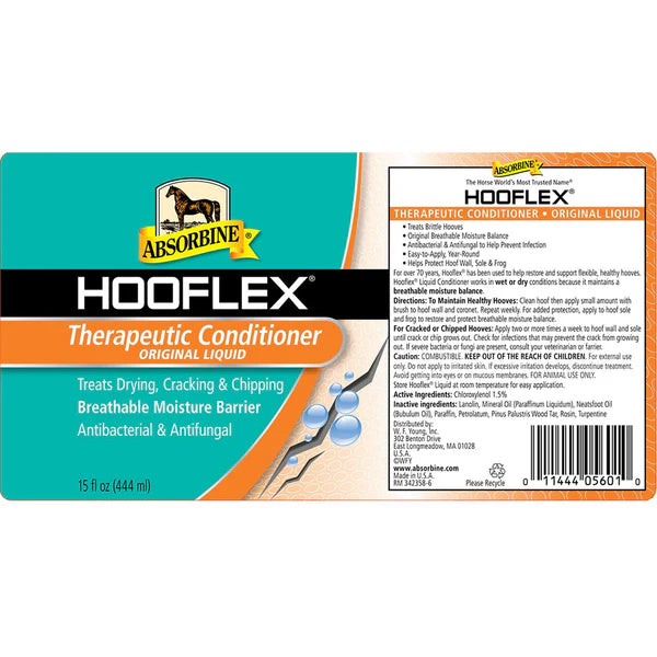 View of the label for Absorbine Hooflex Therapeutic Conditioner Liquid and Brush