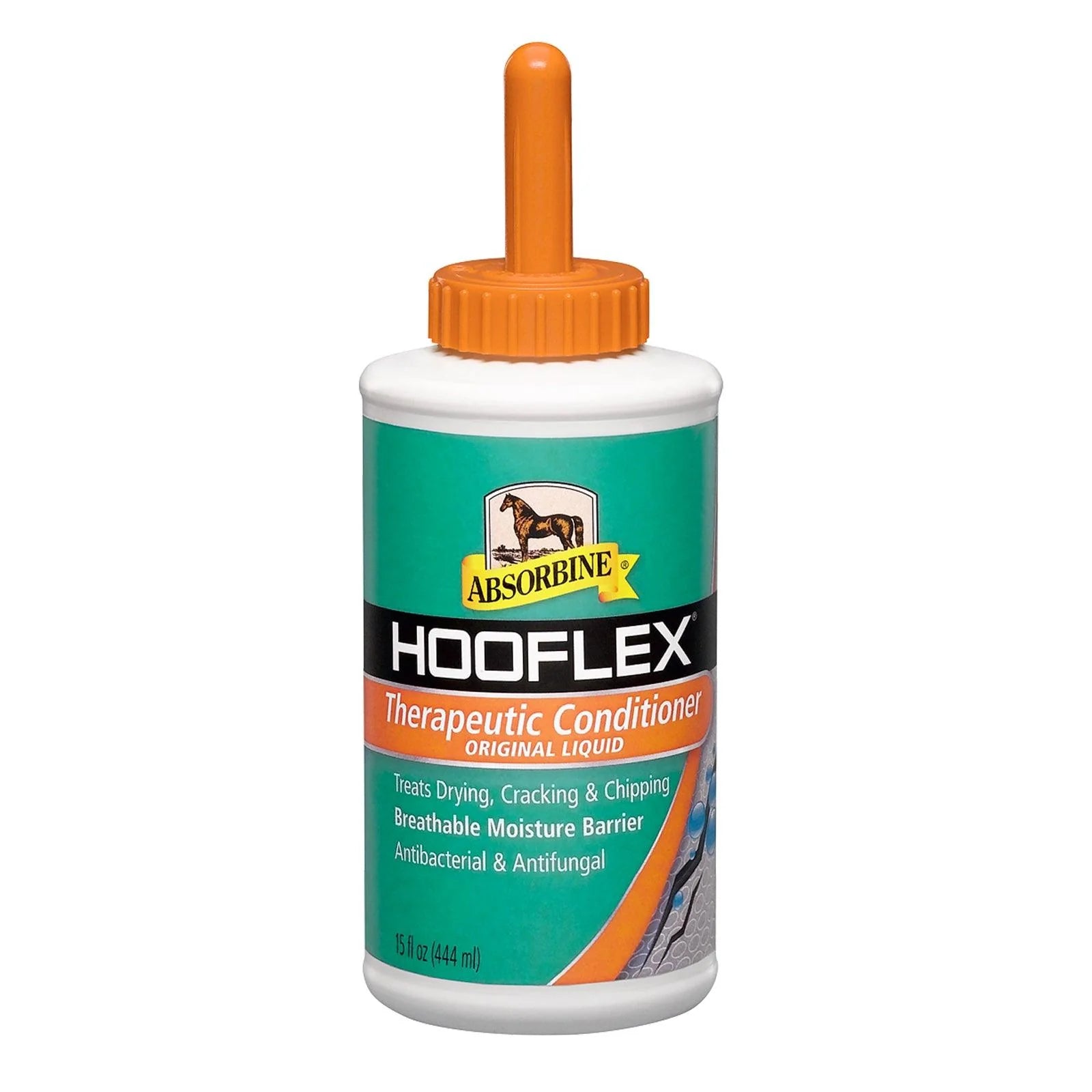 Front view of a 15 ox container of Absorbine Hooflex Therapeutic Conditioner Liquid and Brush on a white background