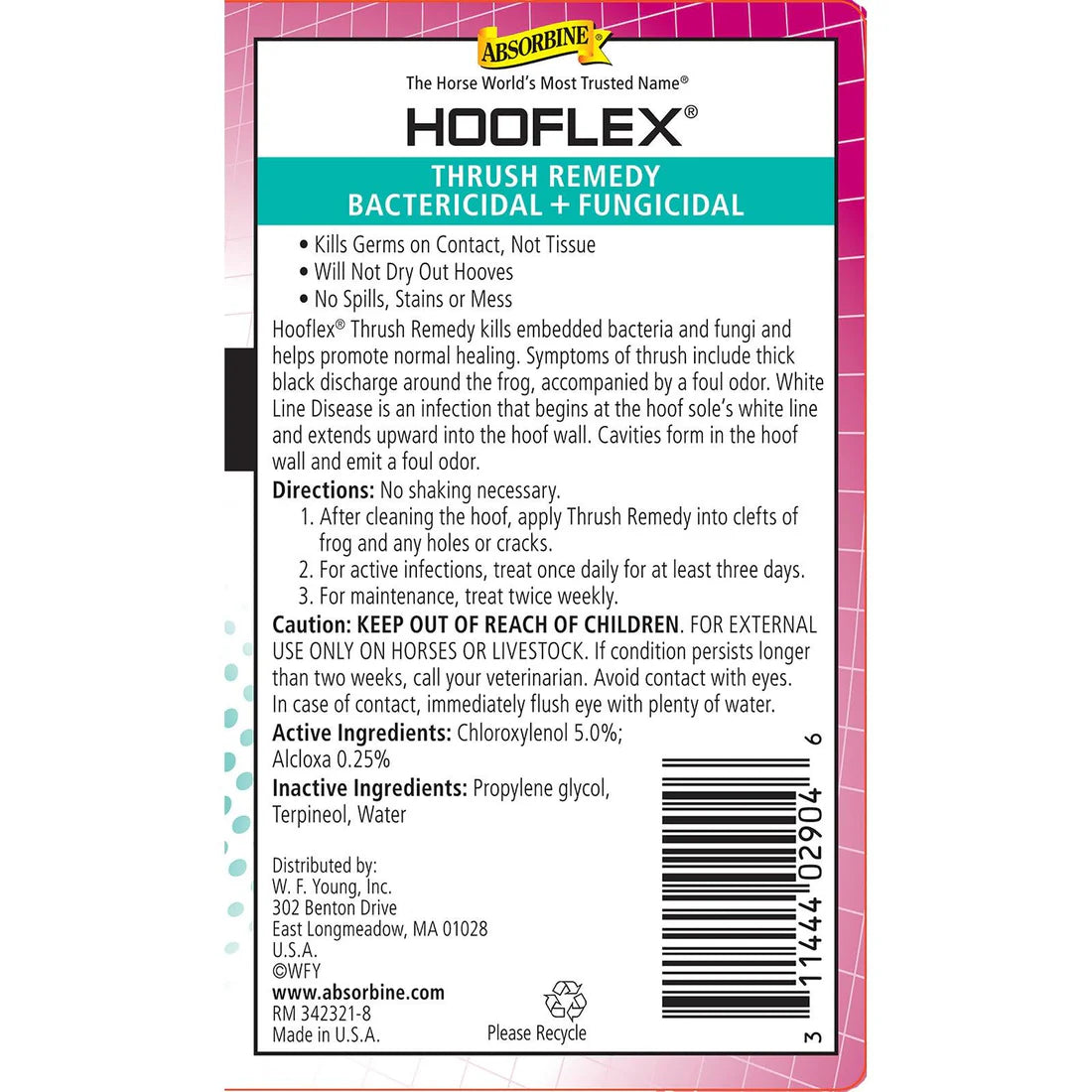 View of the back label on the Hooflex Thrush Remedy on a white background