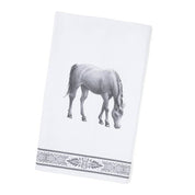 Front view of the folded Blue Stallion Farm Black & White Rocky Tea Towel on a white background