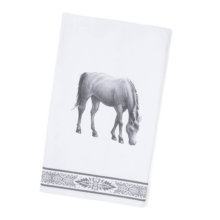 Front view of the folded Blue Stallion Farm Black & White Rocky Tea Towel on a white background