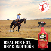 Infographic with a bottle of Absorbine Ultrashield Red Insecticide & Repellent Spray and a woman riding a horse in a pasture