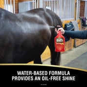 Infographic with someone spraying a horse with a bottle of Absorbine Ultrashield Red Insecticide & Repellent Spray in a barn