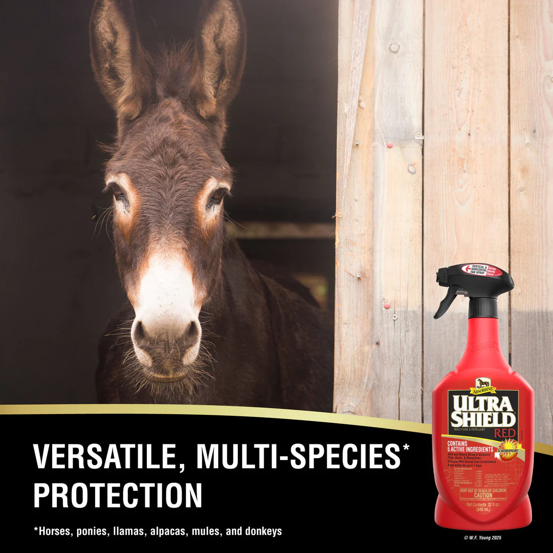 Infographic of a donkey in a stall and a bottle of Absorbine Ultrashield Red Insecticide & Repellent Spray in the foreground