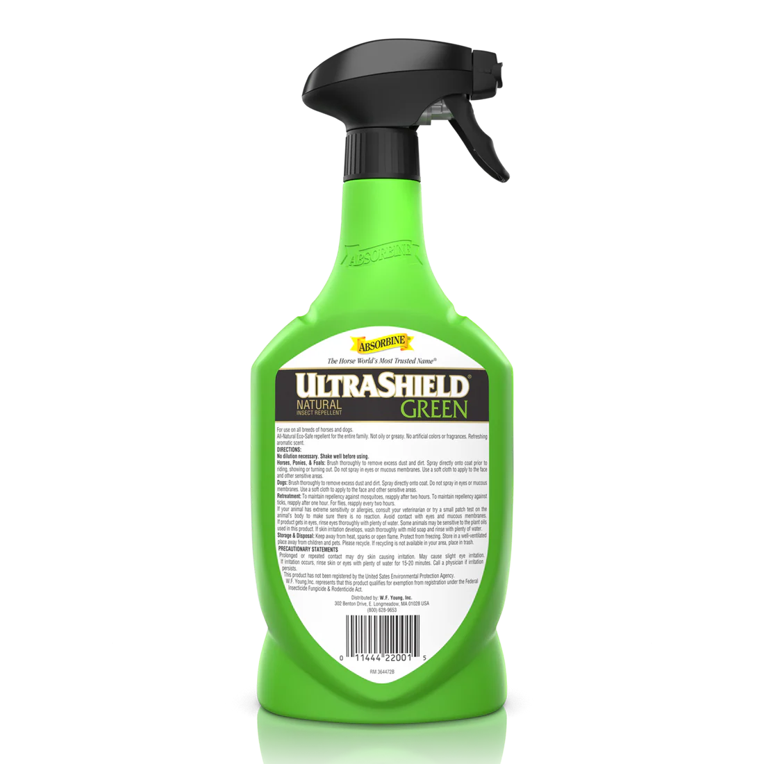 Front view of a 32 oz bottle of Absorbine Ultrashield Green Natural Fly Repellent Spray on a white background
